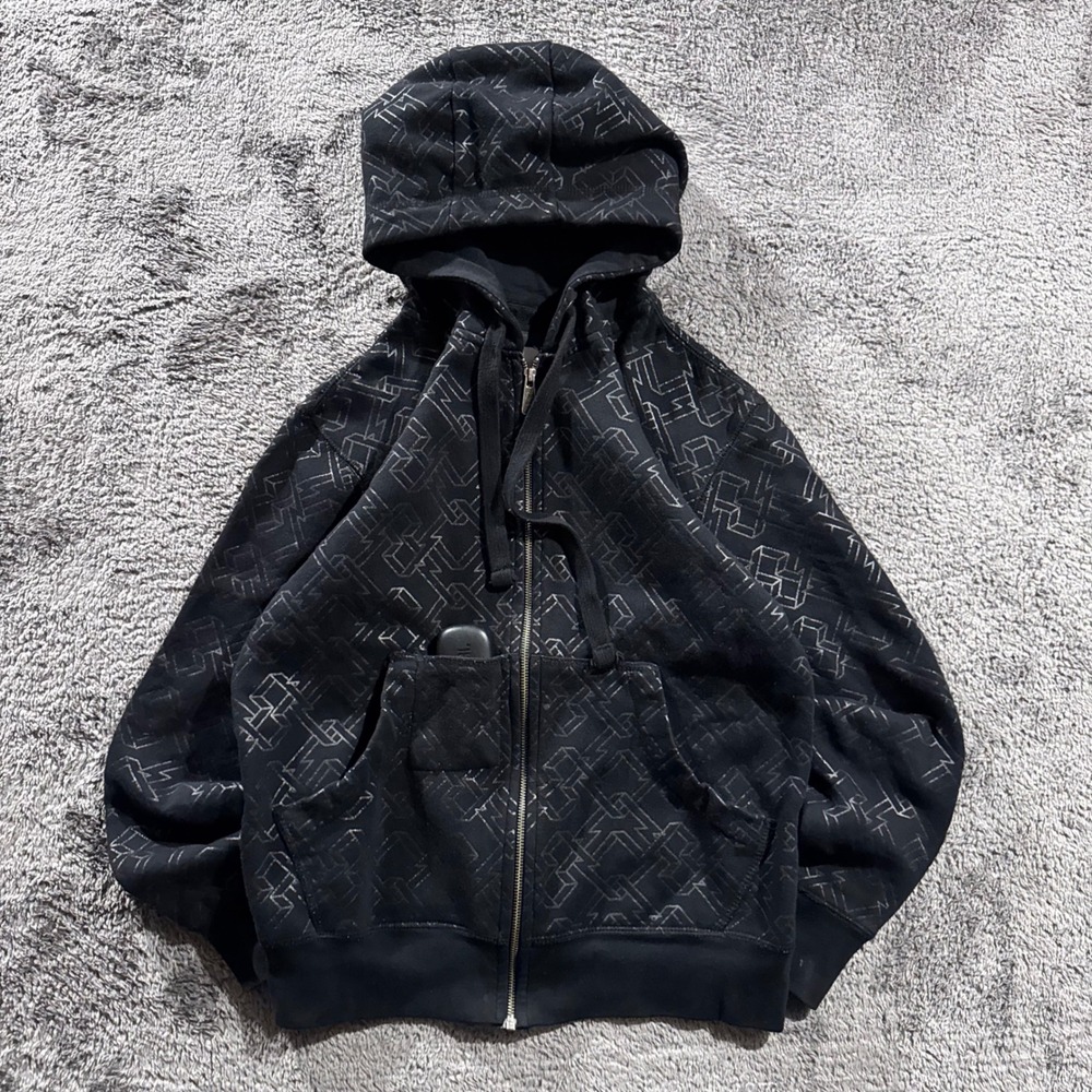 Cor3 Mens Black Geometric Maze Print Full Zip Hoodie Streetwear Small Y2K